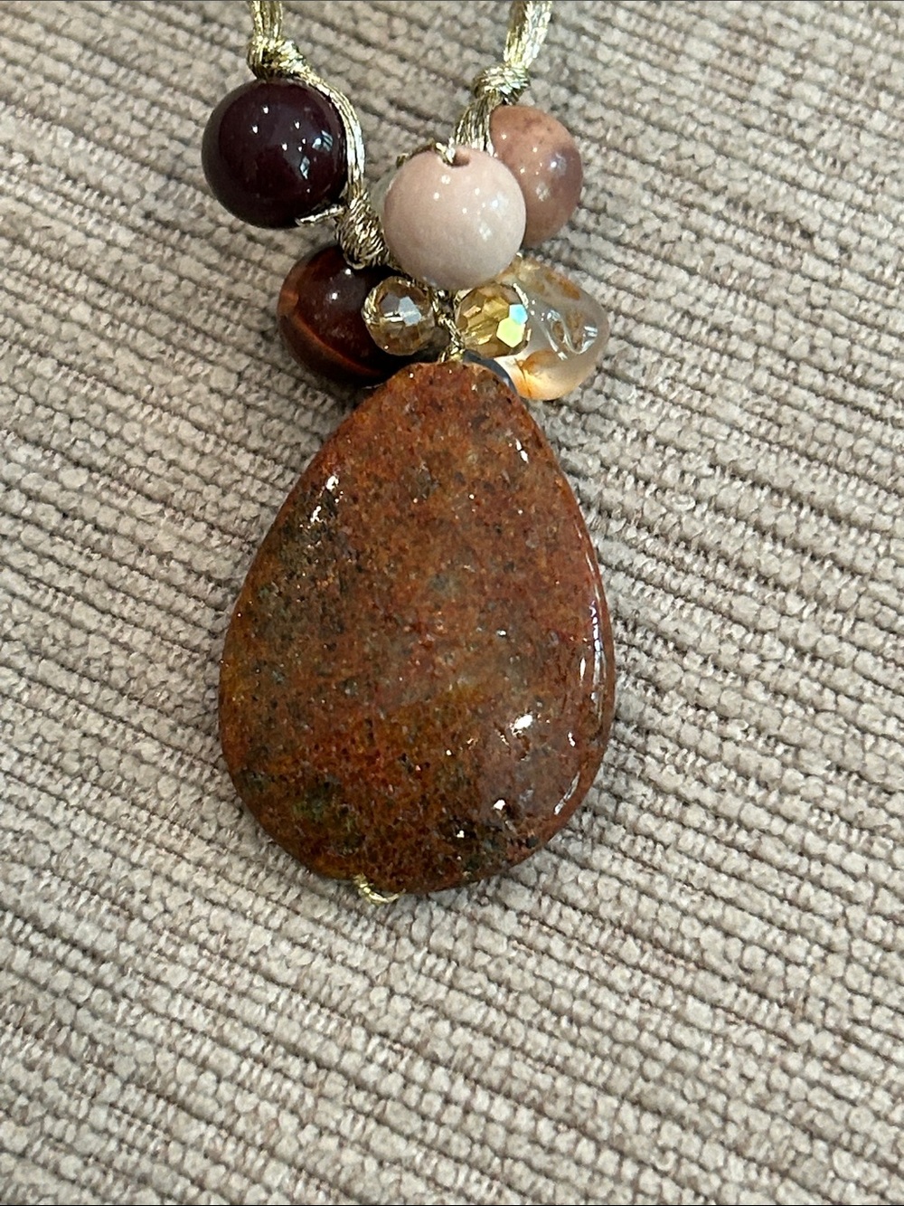 Beaded Multi-Stone Unakite Teardrop Pendant Necklace - Brown image 3